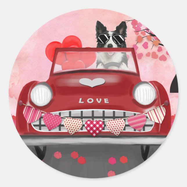 Border Collie Driving Car with Hearts Valentine's  Classic Round Sticker (Front)