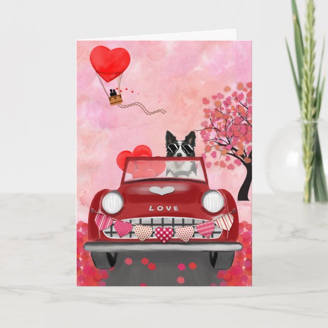 Border Collie Driving Car with Hearts Valentine's  Holiday Card (Front)