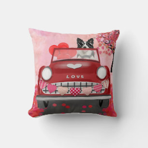 Border Collie Driving Car with Hearts Valentine's Throw Pillow