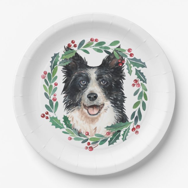 Border Collie Elegant Dog Christmas Holiday Paper Plate (Front)