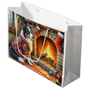 Border Collie Fireplace with Christmas Lights Large Gift Bag