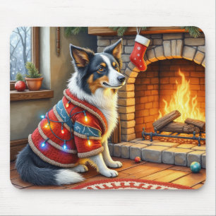 Border Collie Fireplace with Christmas Lights Mouse Pad