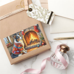 Border Collie Fireplace with Christmas Lights Sticker