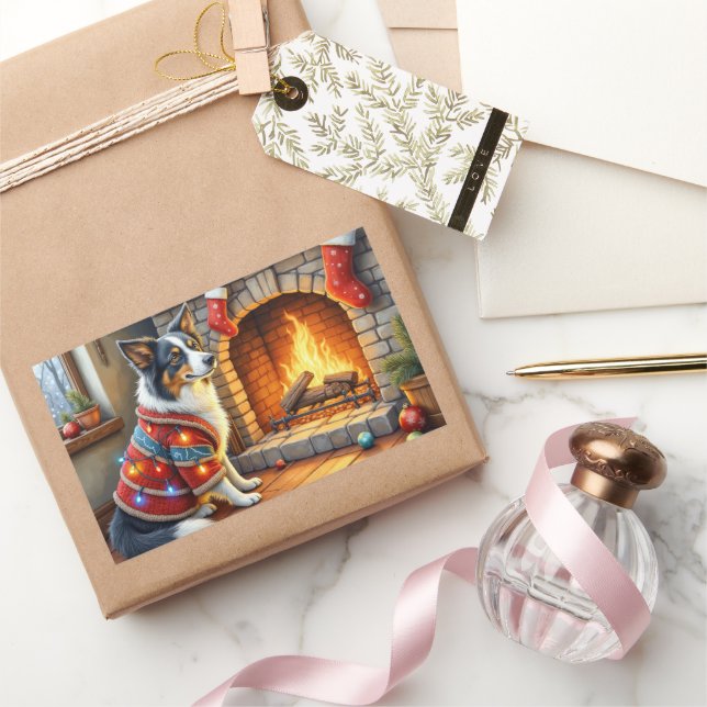 Border Collie Fireplace with Christmas Lights Sticker (Gifting)