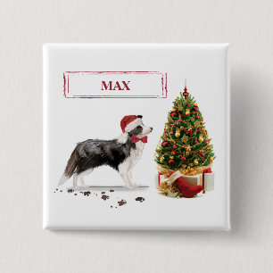 Border Collie Funny Christmas Dog with Tree 2 Inch Square Button