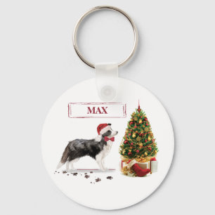 Border Collie Funny Christmas Dog with Tree Keychain