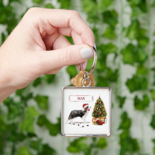Border Collie Funny Christmas Dog with Tree Keychain