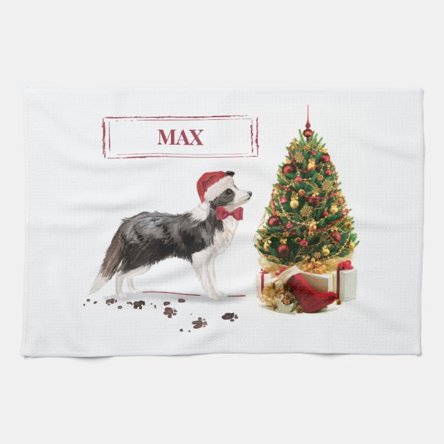 Border Collie Funny Christmas Dog with Tree Kitchen Towel (Horizontal)