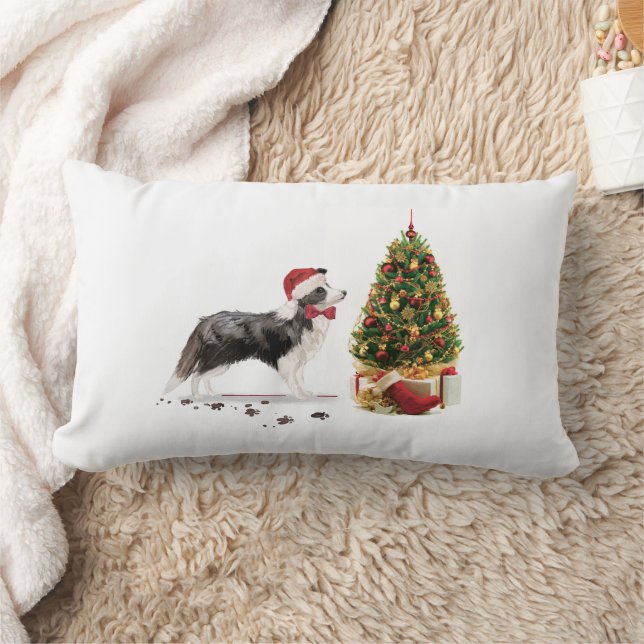 Border Collie Funny Christmas Dog with Tree Lumbar Pillow (Blanket)