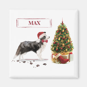 Border Collie Funny Christmas Dog with Tree Magnet