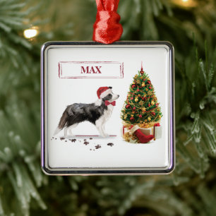 Border Collie Funny Christmas Dog with Tree Metal Ornament