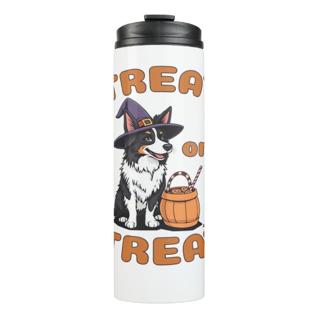 Border Collie Halloween Dog Costume “Treat or Trea Thermal Tumbler (Front)
