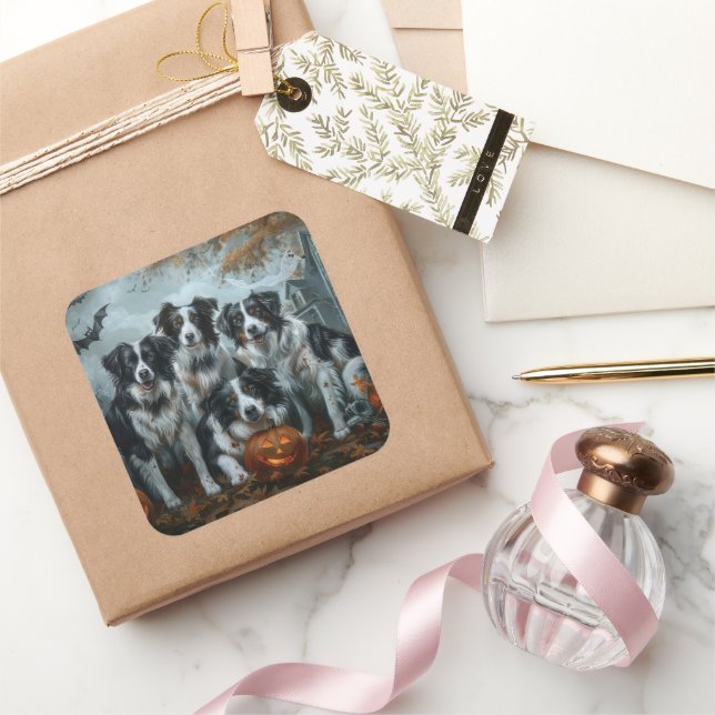 Border Collie Halloween Night Doggy Delight  Square Sticker (Gifting)