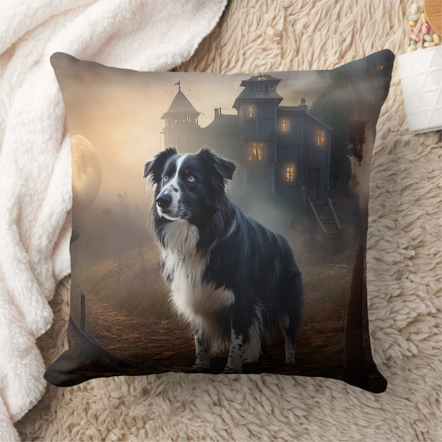 Border Collie Halloween Scary  Throw Pillow (Blanket)