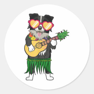 Border Collie Hawaiian Costume Playing Ukulele Sum Classic Round Sticker