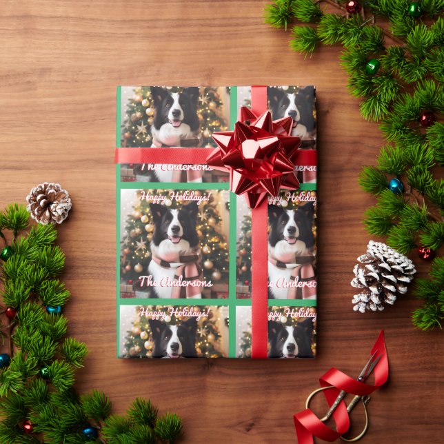  Border Collie in a Scarf and Christmas Tree  Wrapping Paper (Holiday Gift)