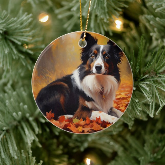 Border Collie  in Autumn Leaves Fall Inspire  Ceramic Ornament (Tree)