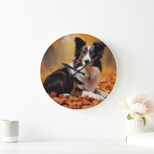 Border Collie in Autumn Leaves Fall Inspire Large Clock