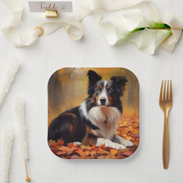 Border Collie  in Autumn Leaves Fall Inspire  Paper Plate (Wedding)