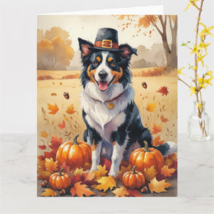 Border Collie In Autumn Leaves Thanksgiving Art Card