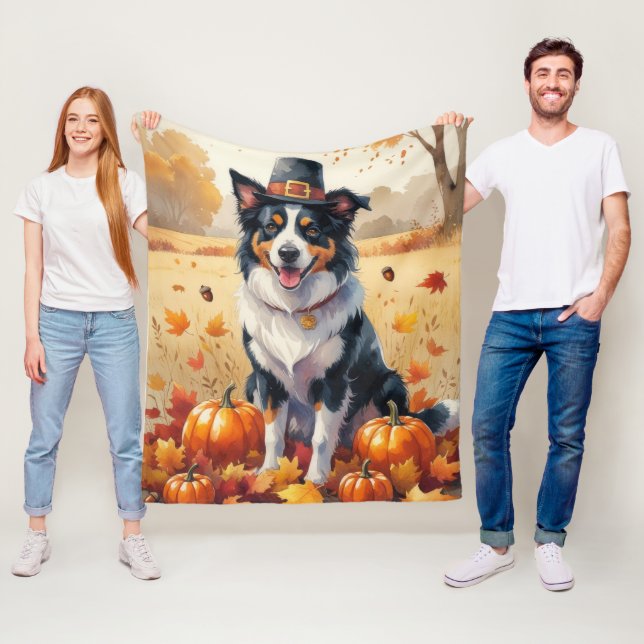 Border Collie In Autumn Leaves Thanksgiving Art  Fleece Blanket (In Situ)