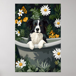 Border Collie In Bathtub Poster, Funny Dog Poster