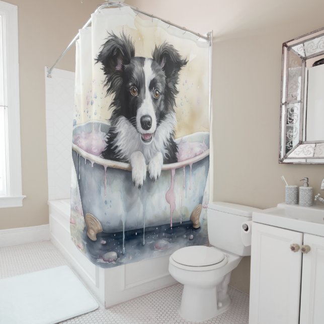 Border Collie In Bathtub Watercolor Dog Art  (In Situ)
