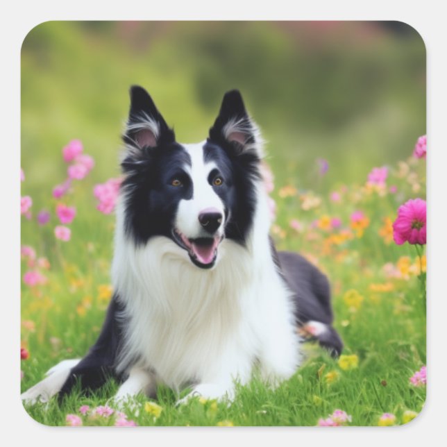 Border Collie in field of flowers square sticker (Front)