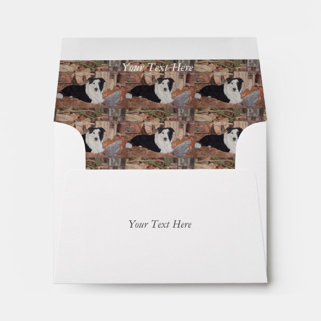 border collie in log shed with chickens portrait envelope (Back (Bottom))