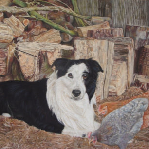 border collie in log shed with chickens portrait jigsaw puzzle