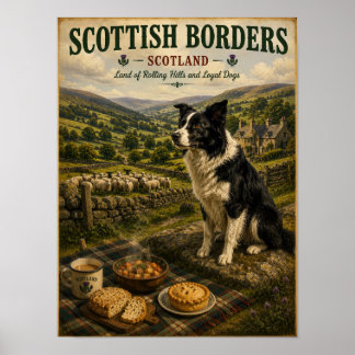 Border Collie in the Scottish Borders Vintage Trav Poster