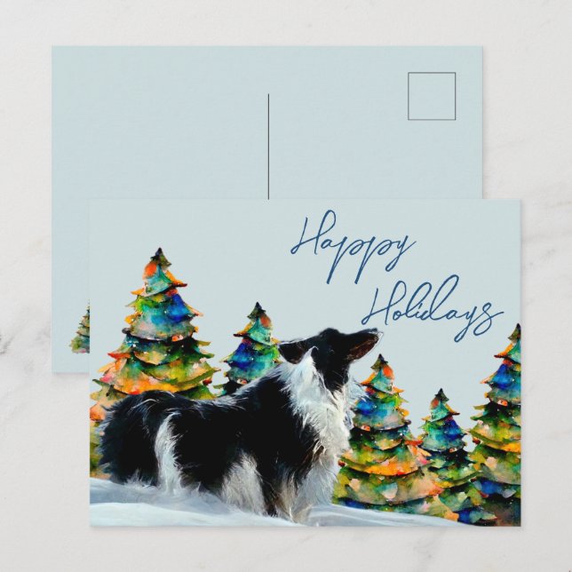 Border Collie in Winter Snow Christmas Tree Holiday Postcard (Front/Back)