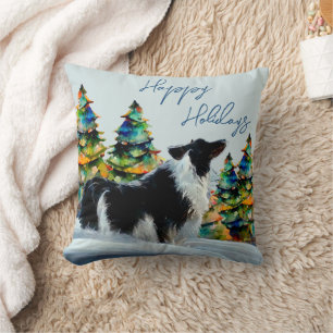 Border Collie in Winter Snow Christmas Tree Throw Pillow