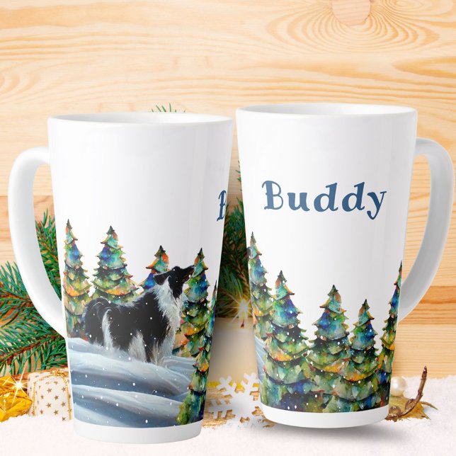 Border Collie in Winter Snow Forest Christmas Tree Latte Mug (Creator Uploaded)