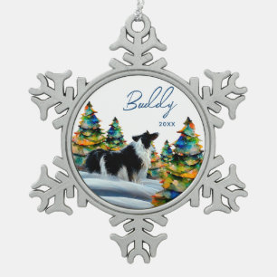 Border Collie in Winter Snow Forest Christmas Tree Snowflake Pewter Christmas Ornament