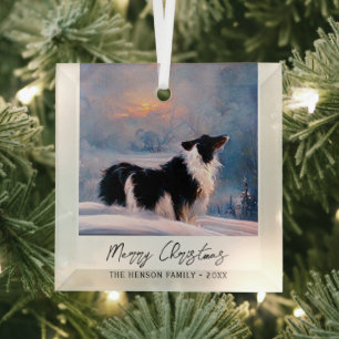 Border Collie in Winter Snowy Landscape Christmas Glass Ornament
