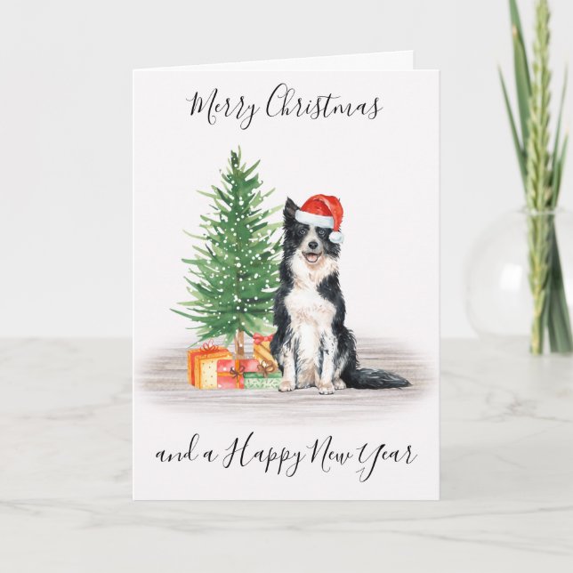 Border Collie Merry Christmas Santa Dog Holiday Card (Front)