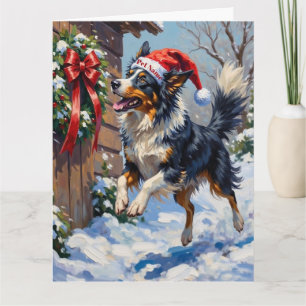 Border Collie Mid-Air Christmas Bow Catch Hat Card