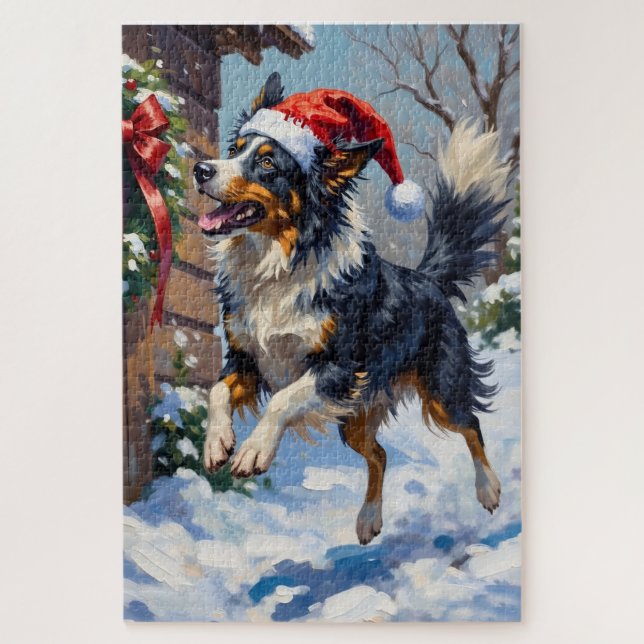 Border Collie Mid-Air Christmas Bow Catch Hat Jigsaw Puzzle (Vertical)