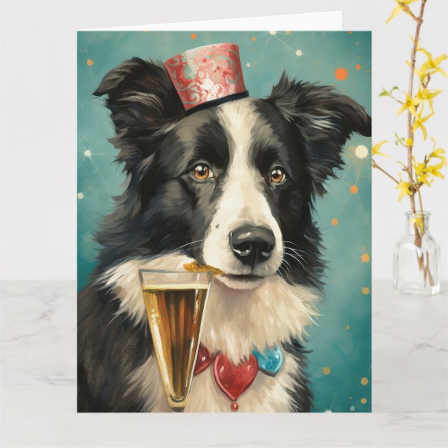 Border Collie  New Year Card (Yellow Flower)