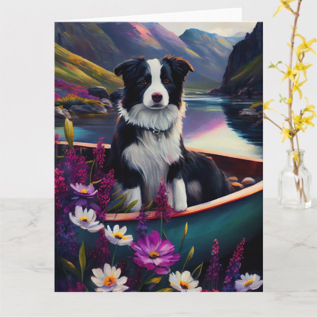 Border Collie on a Paddle: A Scenic Adventure Card (Yellow Flower)