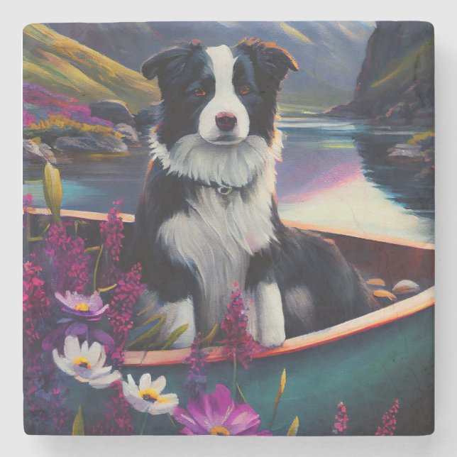 Border Collie on a Paddle: A Scenic Adventure Stone Coaster (Front)