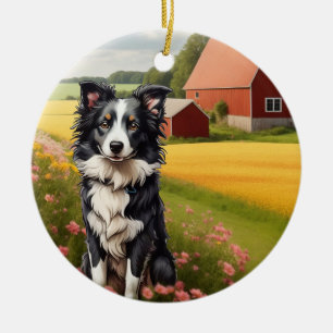 Border Collie on Farm Ceramic Ornament