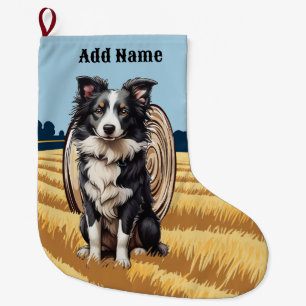 Border Collie on Farm Large Christmas Stocking
