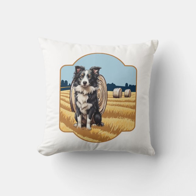 Border Collie on Farm Throw Pillow (Front)