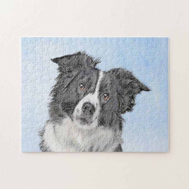 Border Collie Painting - Cute Original Dog Art Jigsaw Puzzle (Horizontal)