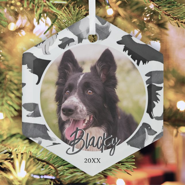 Border Collie Pattern Dog Name Photo Christmas  Glass Ornament (Creator Uploaded)