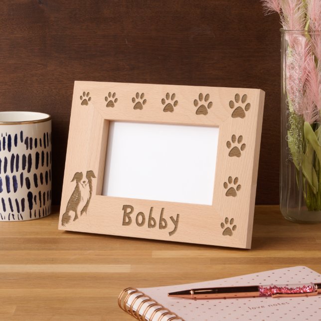 Border Collie Paw Print Dog's Name Etched Frames (Left)