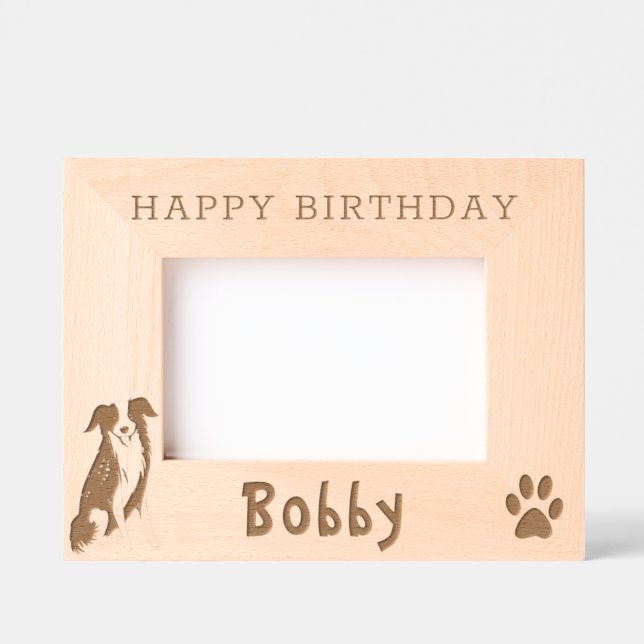 Border Collie Paw Print Happy Birthday  Etched Frames (Front)