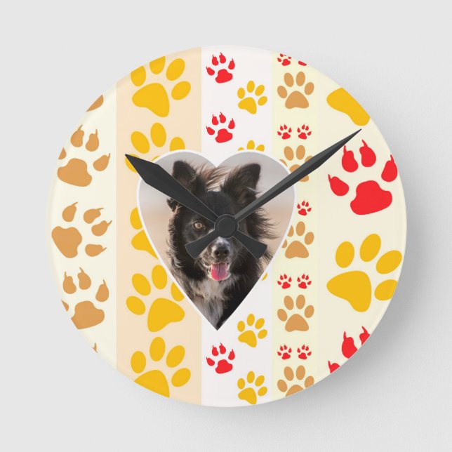 Border Collie Paw Print Love Heart Round Clock (Front)